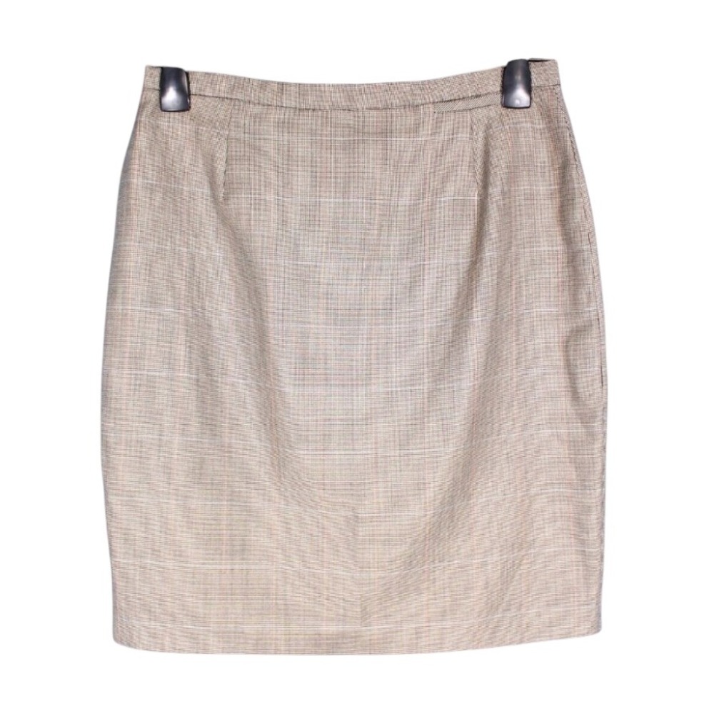VTG BURBERRYS Black/Tan WOOL SILK BLEND Tiny Houndstooth/Plaid STRAIGHT SKIRT 6